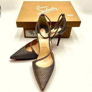 Authentic Christian Louboutin Fliketta Glitter Chain Red Sole Pump, Silver. New